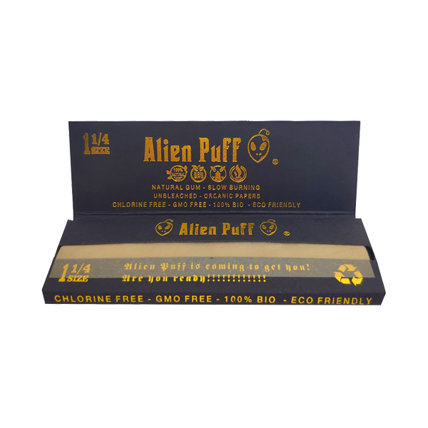 50 Alien Puff Black & Gold 1 1/4 Size Unbleached Brown Rolling Papers